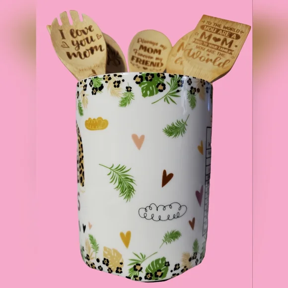 Ceramic Utensil Holder Farmhouse Crock/Wooden Spoons Gift for MOM - Picture 7 of 10